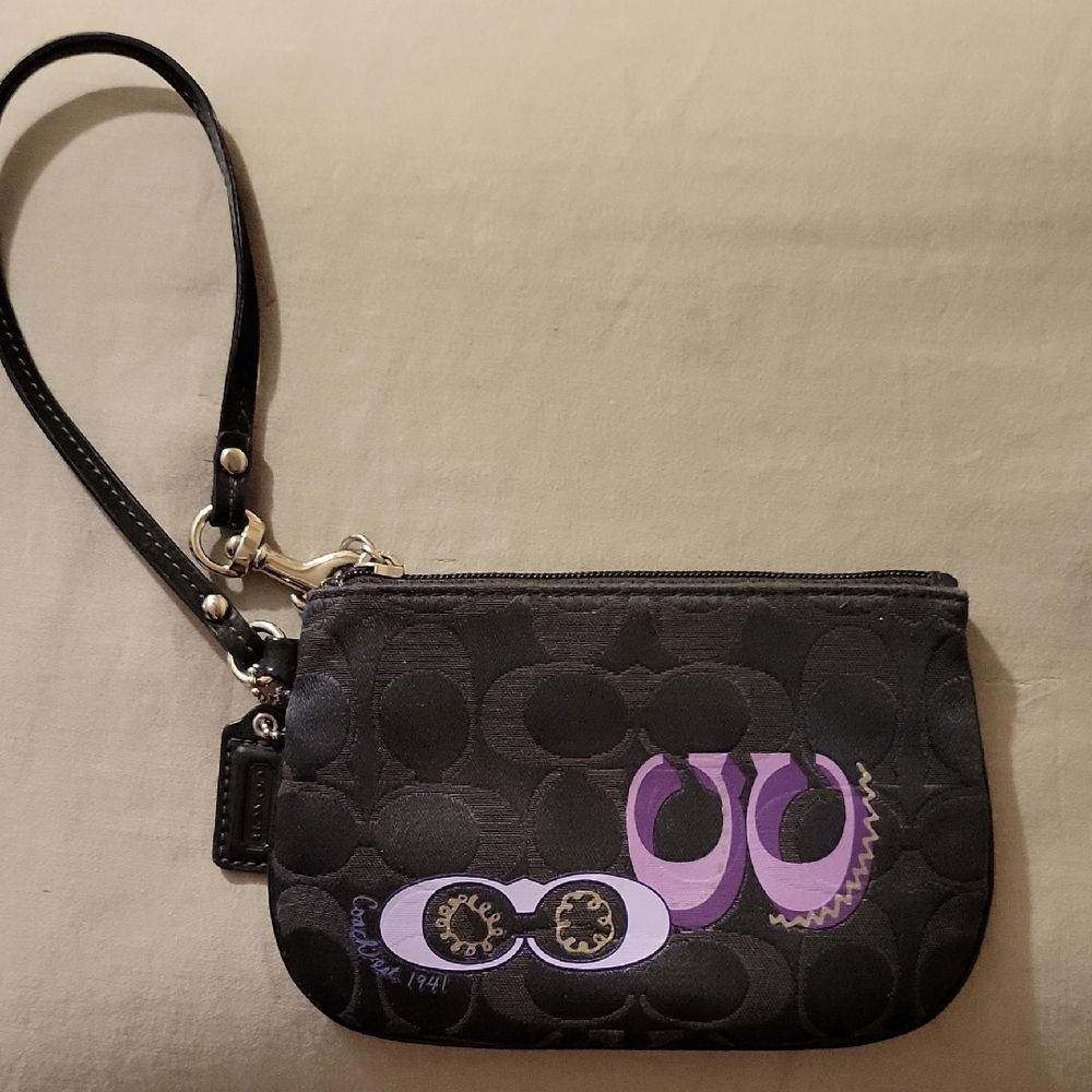 Black Coach Wristlet with Purple C Embellished Design
